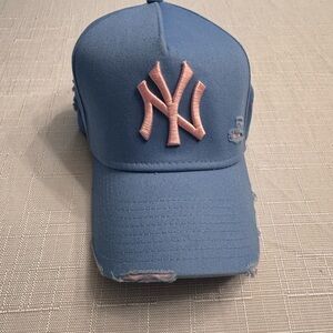 New Era 9forty Light Blue Pink Yankees Hat destroyed distressed RARE adjustable